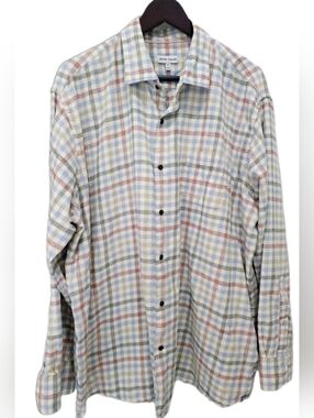 Peter Millar Button Down Shirt Mens XXL Plaid Cotton Blue Red Long Sleeve